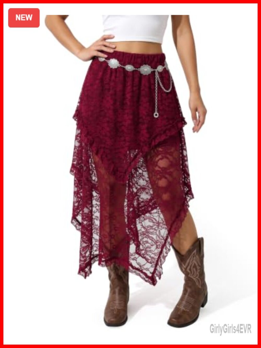 Women's Lace Maxi Skirt Asymmetrical Layered Ruffle Hem Flowy Boho Beach